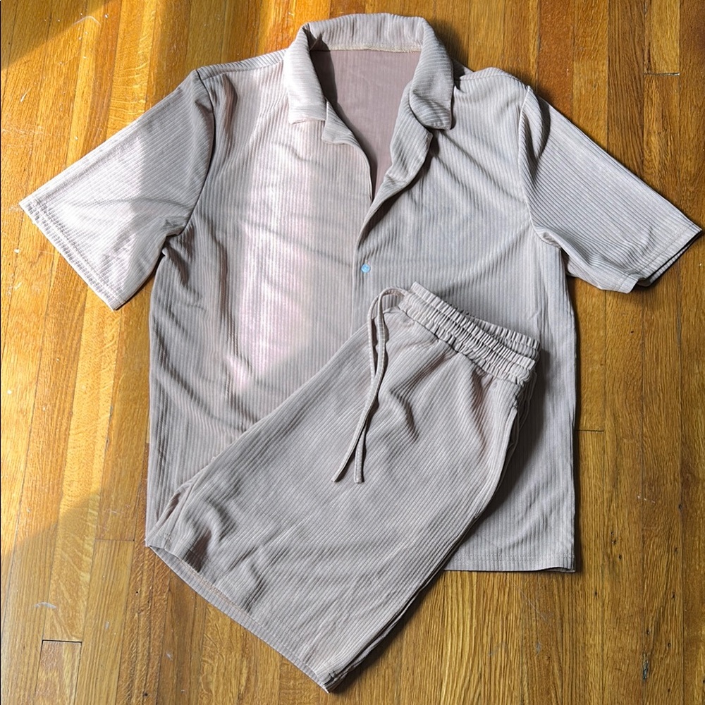 Tan Ribbed Short Sleeve Shirt and Shorts Set